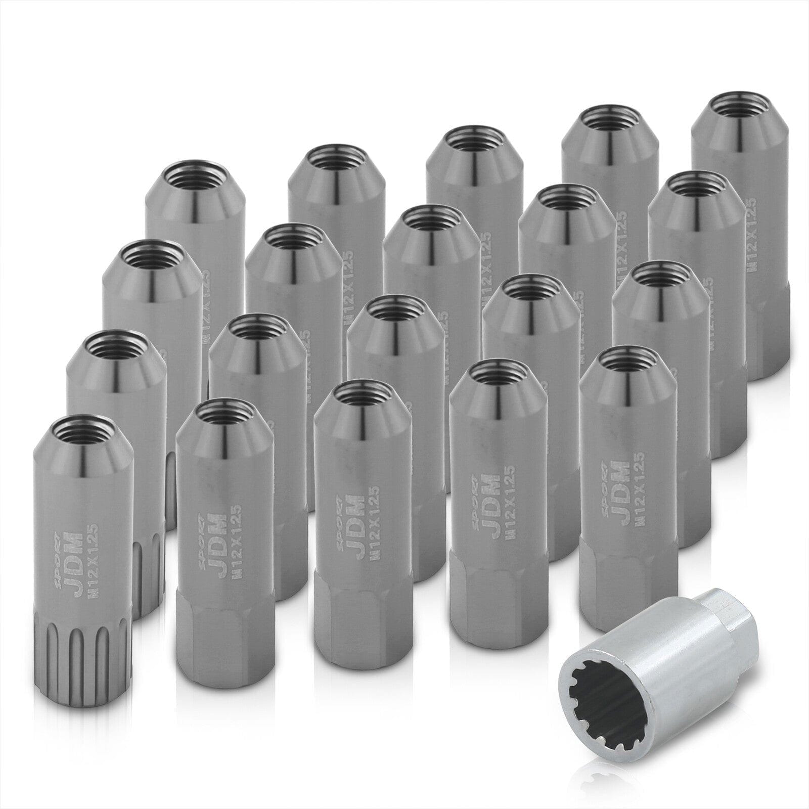 JDM Sport Universal 12 x 1.25 Extended Locking Lug Nuts Gunmetal (20 Pieces) - 4 Pieces Locking Type Lug + Key - Parts Agent