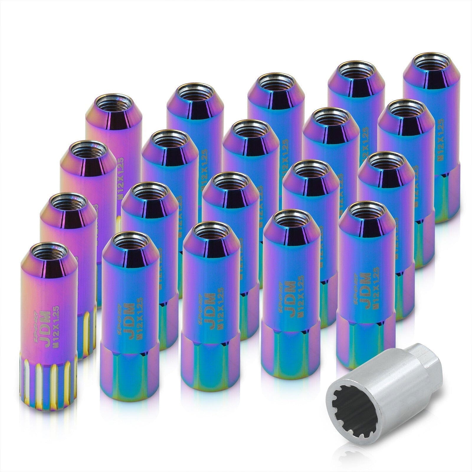JDM Sport Universal 12 x 1.25 Extended Locking Lug Nuts Neo Chrome (20 Pieces) - 4 Pieces Locking Type Lug + Key - Parts Agent