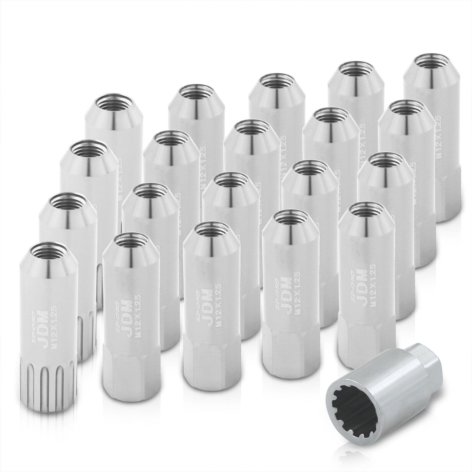 JDM Sport Universal 12 x 1.25 Extended Locking Lug Nuts Polished (20 Pieces) - 4 Pieces Locking Type Lug + Key - Parts Agent