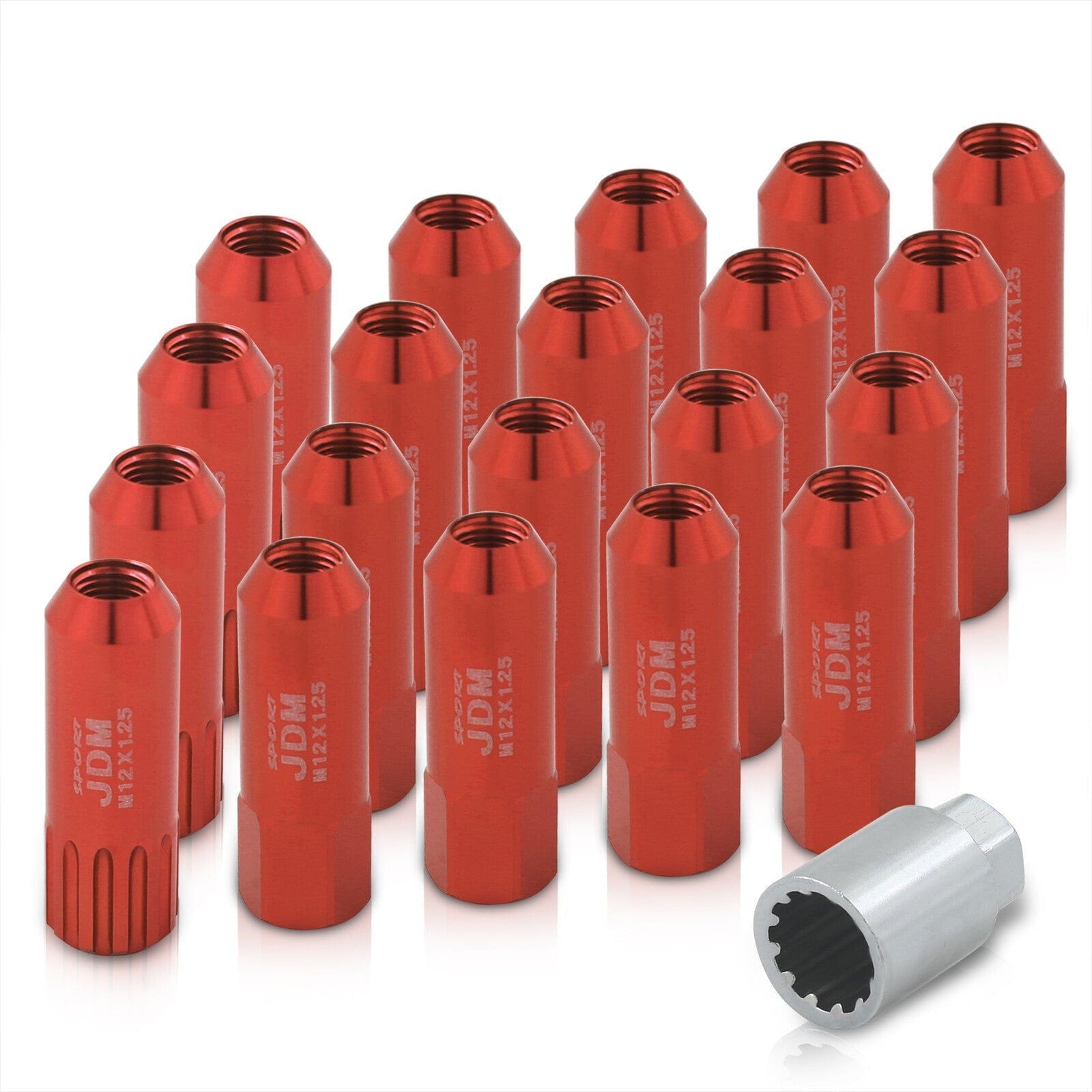 JDM Sport Universal 12 x 1.25 Extended Locking Lug Nuts Red (20 Pieces) - 4 Pieces Locking Type Lug + Key - Parts Agent