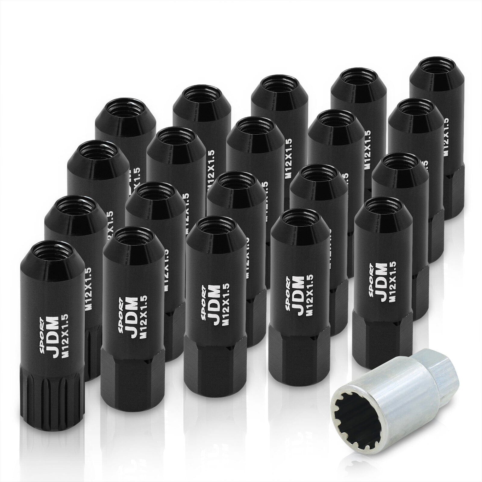 JDM Sport Universal 12 x 1.50 Extended Locking Lug Nuts Black (20 Pieces) - 4 Pieces Locking Type Lug + Key - Parts Agent
