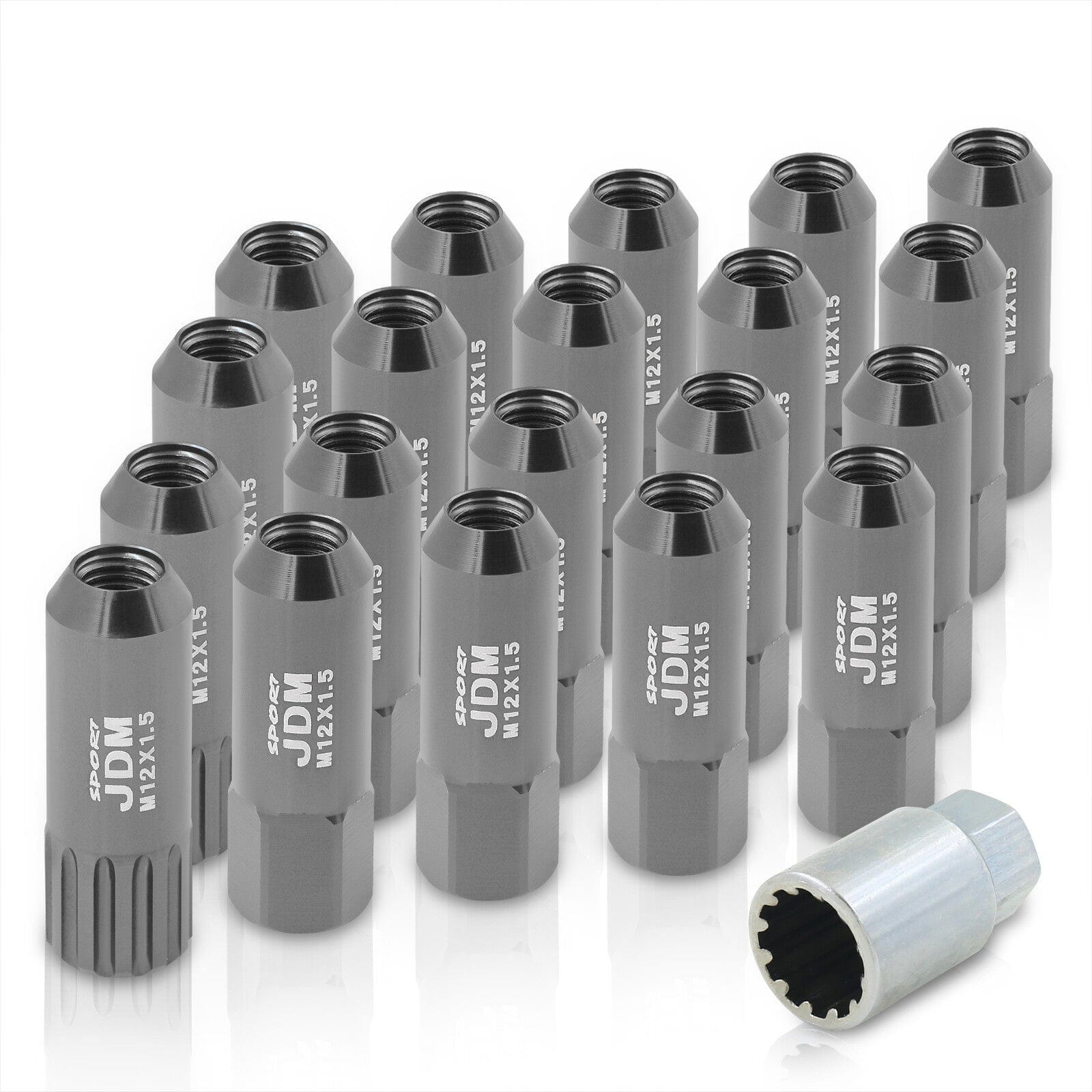 JDM Sport Universal 12 x 1.50 Extended Locking Lug Nuts Gunmetal (20 Pieces) - 4 Pieces Locking Type Lug + Key - Parts Agent