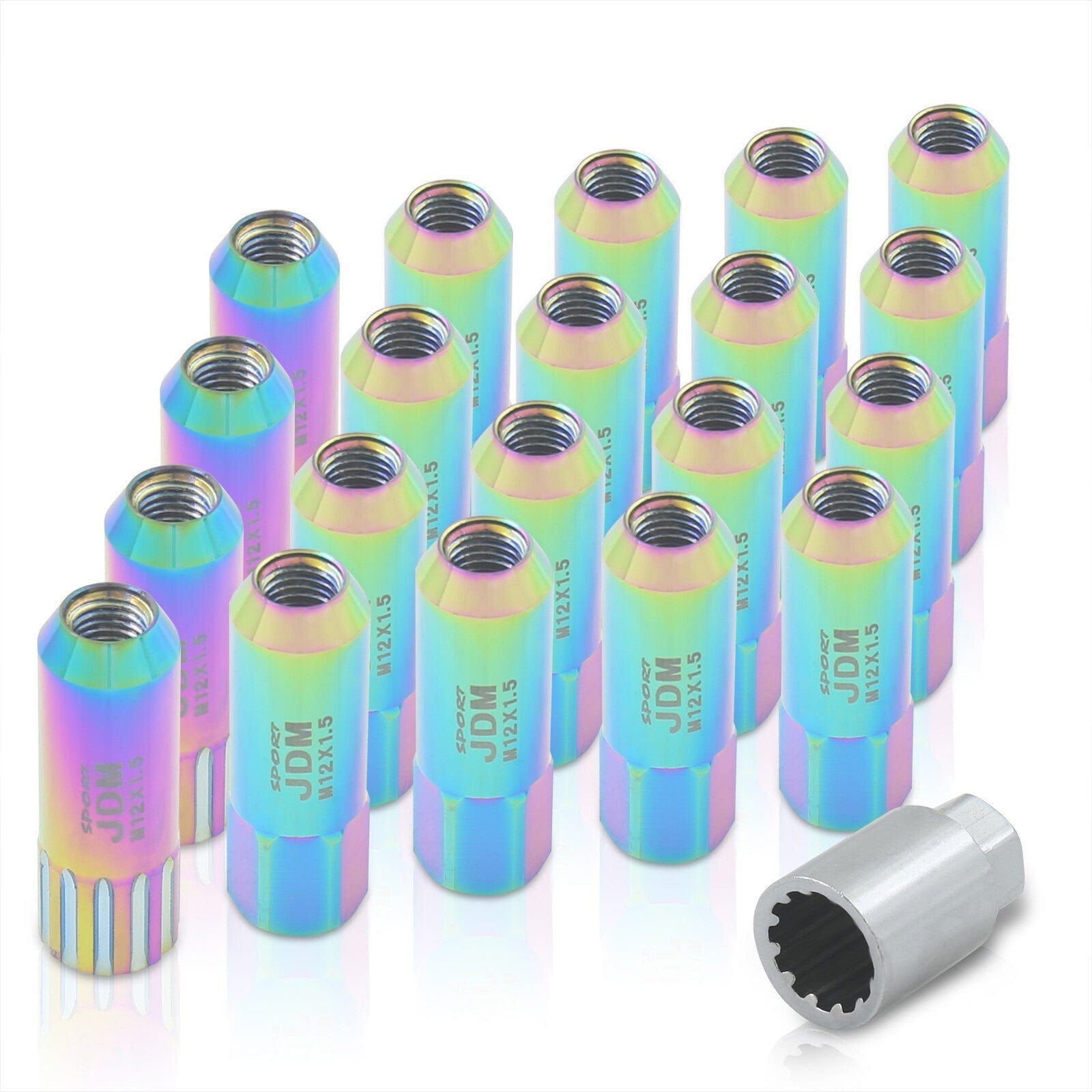 JDM Sport Universal 12 x 1.50 Extended Locking Lug Nuts Neo Chrome (20 Pieces) - 4 Pieces Locking Type Lug + Key - Parts Agent