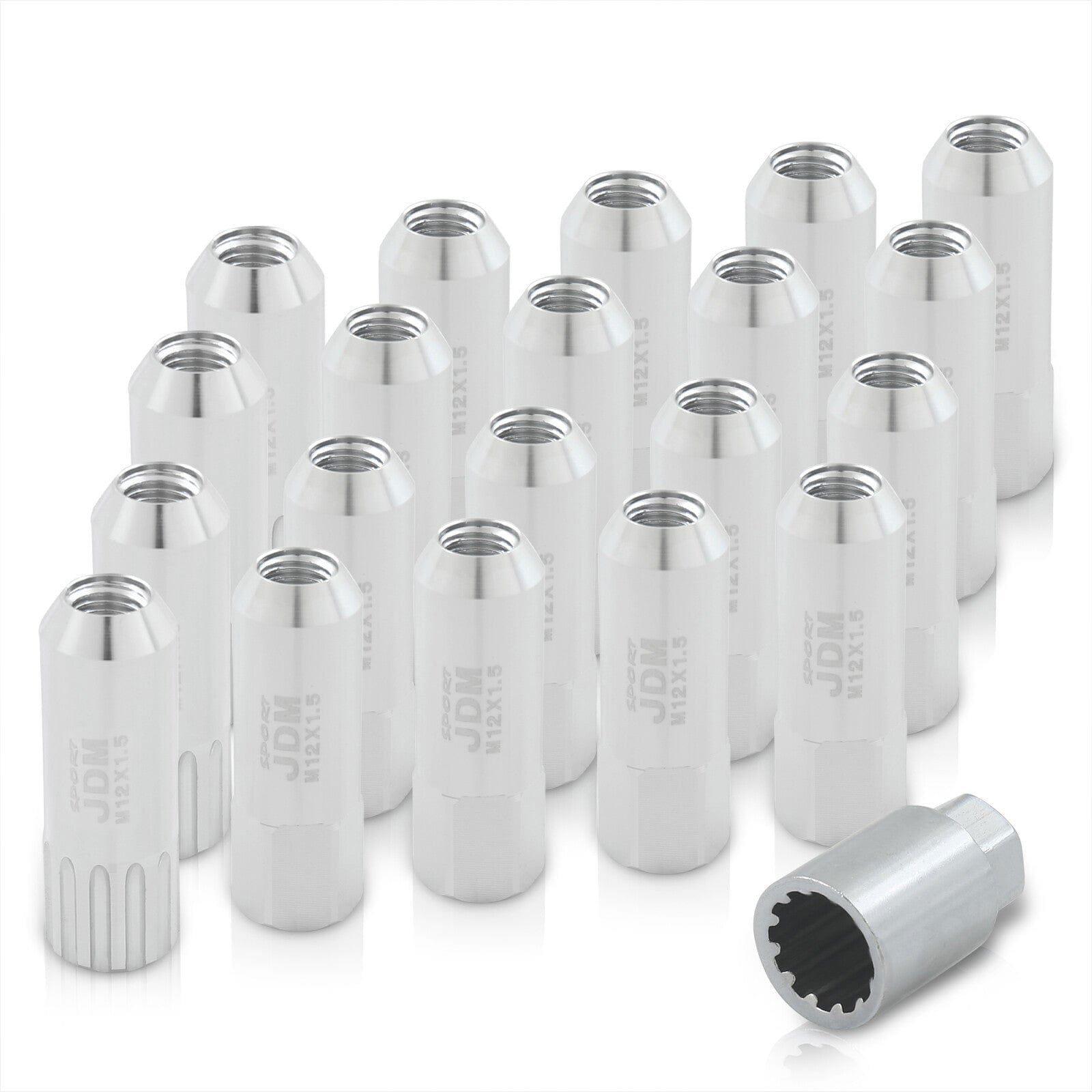 JDM Sport Universal 12 x 1.50 Extended Locking Lug Nuts Polished (20 Pieces) - 4 Pieces Locking Type Lug + Key - Parts Agent