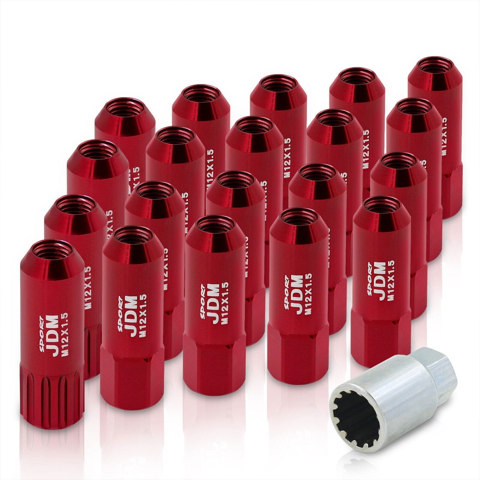 JDM Sport Universal 12 x 1.50 Extended Locking Lug Nuts Red (20 Pieces) - 4 Pieces Locking Type Lug + Key - Parts Agent