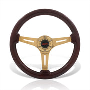 JDM Sport Universal 350mm Heavy Duty Steel Wood Grain Style Steering Wheel Gold Center Dark Wood - Parts Agent