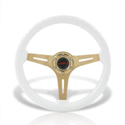 JDM Sport Universal 350mm Heavy Duty Steel Wood Grain Style Steering Wheel Gold Center White Wood - Parts Agent