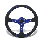 JDM Sport Universal 350mm PVC Leather Deep Dish Style Aluminum Steering Wheel Black Center with Blue 4 Pin Stripes - Parts Agent