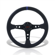JDM Sport Universal 350mm PVC Leather Deep Dish Style Aluminum Steering Wheel Black Center with Blue Stitching - Parts Agent