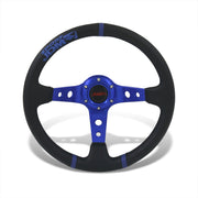 JDM Sport Universal 350mm PVC Leather Deep Dish Style Aluminum Steering Wheel Black Center with Blue Stitching & 3 Pin Stripes - Parts Agent