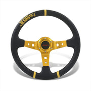 JDM Sport Universal 350mm PVC Leather Deep Dish Style Aluminum Steering Wheel Black Center with Gold 3 Pin Stripes - Parts Agent