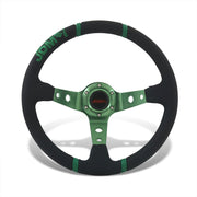 JDM Sport Universal 350mm PVC Leather Deep Dish Style Aluminum Steering Wheel Black Center with Green 4 Pin Stripes - Parts Agent