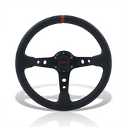 JDM Sport Universal 350mm PVC Leather Deep Dish Style Aluminum Steering Wheel Black Center with Red Stitching - Parts Agent