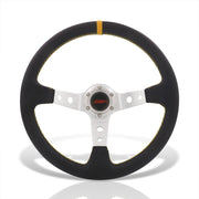 JDM Sport Universal 350mm PVC Leather Deep Dish Style Aluminum Steering Wheel Silver Center with Yellow Stitching - Parts Agent