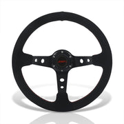 JDM Sport Universal 350mm Suede Deep Dish Style Aluminum Steering Wheel Black with Red Stitching - Parts Agent