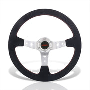 JDM Sport Universal 350mm Suede Deep Dish Style Aluminum Steering Wheel Silver with Red Stitching - Parts Agent