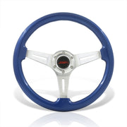 JDM Sport Universal 350mm Wood Grain Style Aluminum Steering Wheel Silver Aluminum Center Blue Wood - Parts Agent