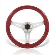 JDM Sport Universal 350mm Wood Grain Style Aluminum Steering Wheel Silver Aluminum Center Red Wood - Parts Agent