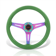 JDM Sport Universal 350mm Wood Grain Style Steel Steering Wheel Neo Chrome Center Green Wood - Parts Agent