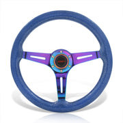 JDM Sport Universal 350mm Wood Grain Style Steel Steering Wheel Neo Chrome Center Metallic Blue Wood - Parts Agent