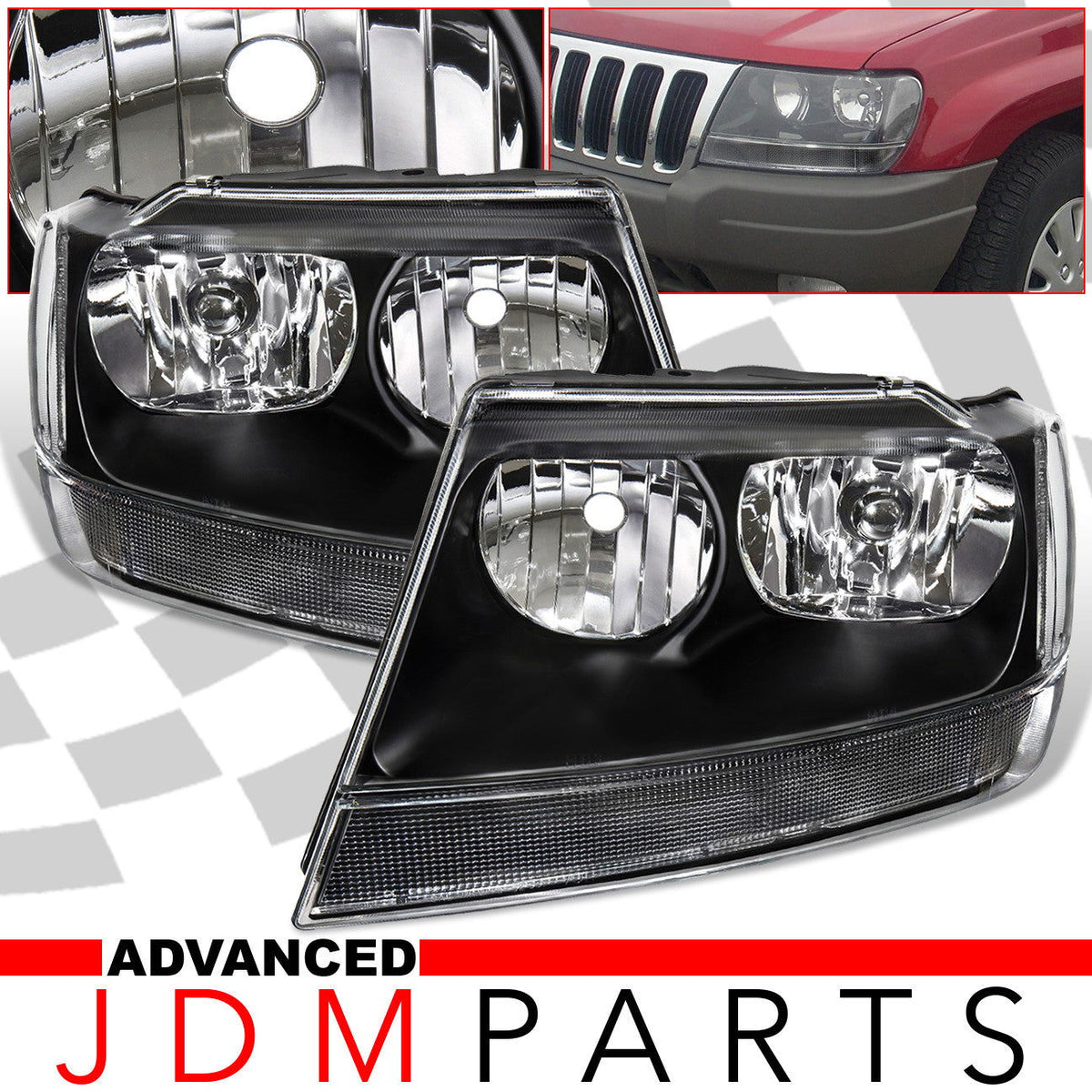 Jeep Grand Cherokee 1999-2004 Factory Style Headlights Black Housing Clear Len Clear Reflector - Parts Agent