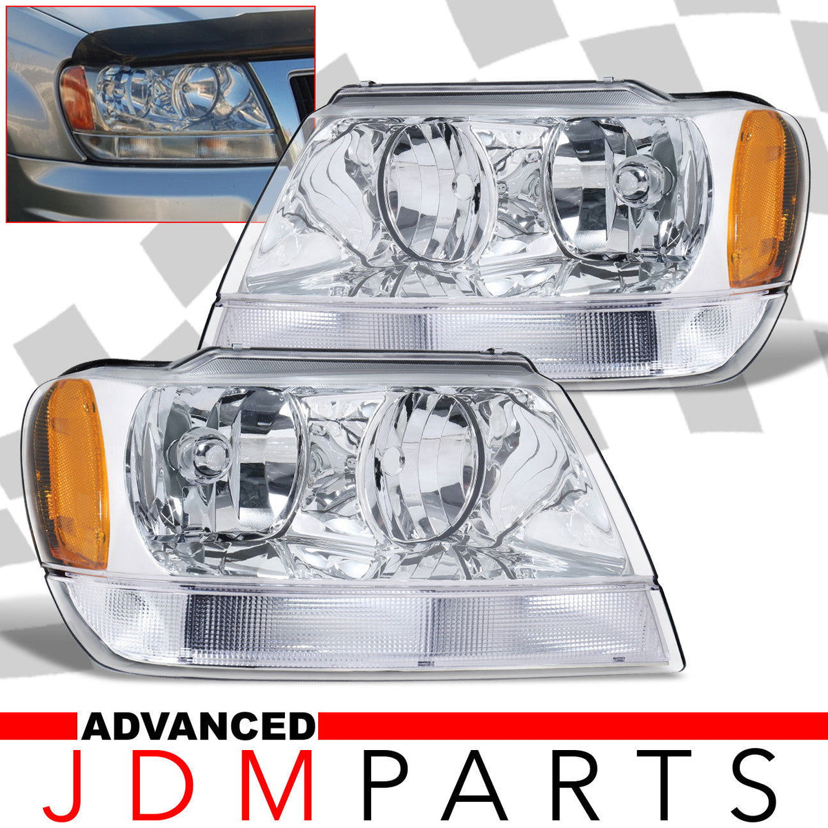Jeep Grand Cherokee 1999-2004 Factory Style Headlights Chrome Housing Clear Len Amber Reflector - Parts Agent