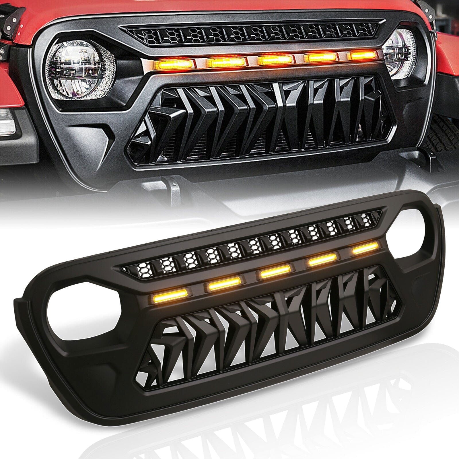 Jeep Wrangler JL 2018-2024 / Jeep Gladiator JT 2020-2024 Front Grille Black with Amber LED Running Lights - Parts Agent