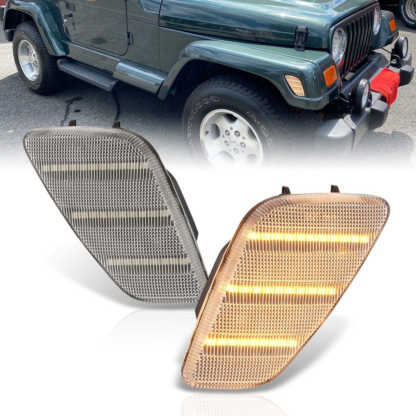 Jeep Wrangler TJ 1997-2006 Front Amber LED Side Marker Lights Clear Len - Parts Agent