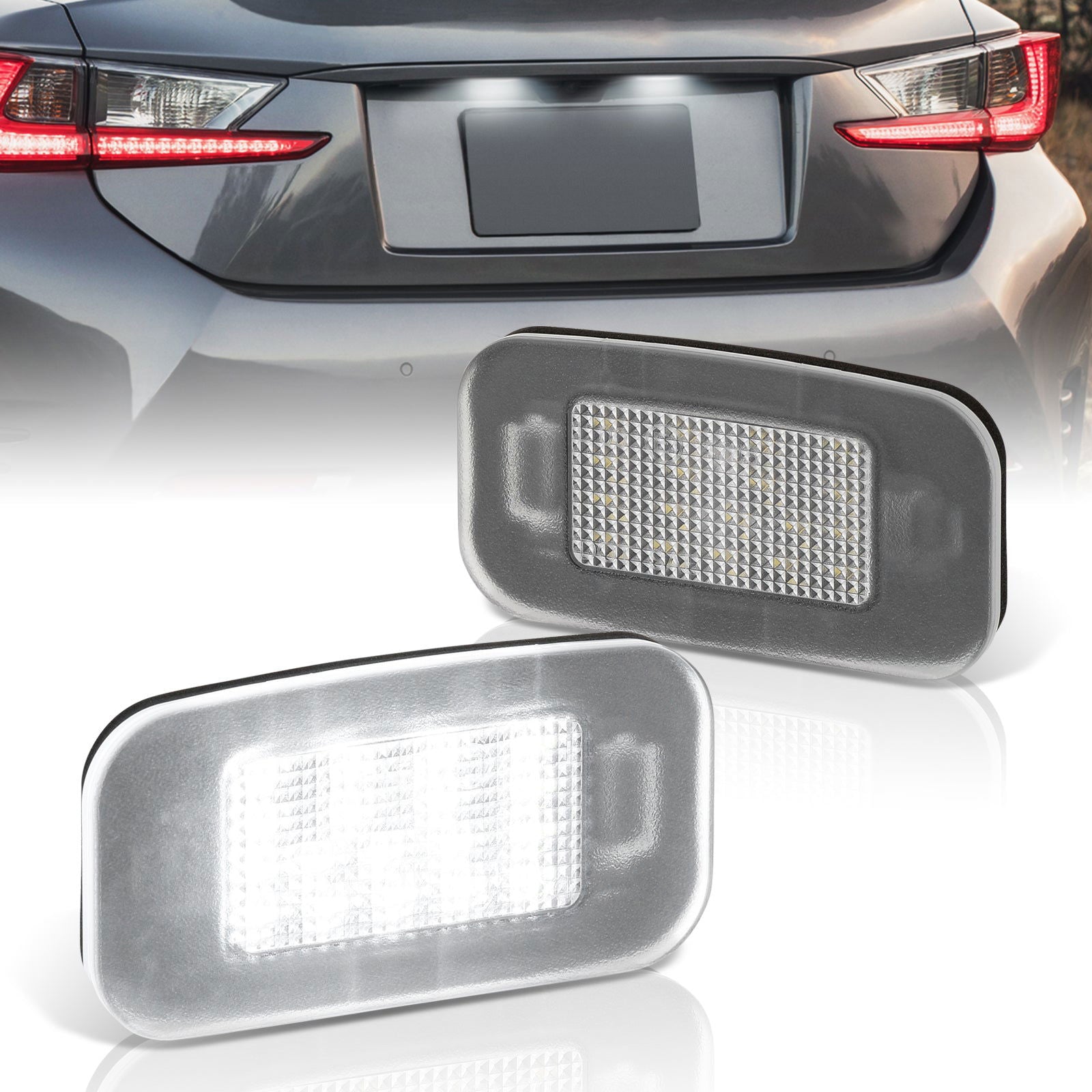 Lexus IS200t IS250 IS300 IS350 ISF 2014-2020 / GS200t GS300 GS350 GS450H GSF 2014-2020 / RC200t RC300 RC350 RCF 2015-2020 White SMD LED License Plate Lights Clear Len - Parts Agent