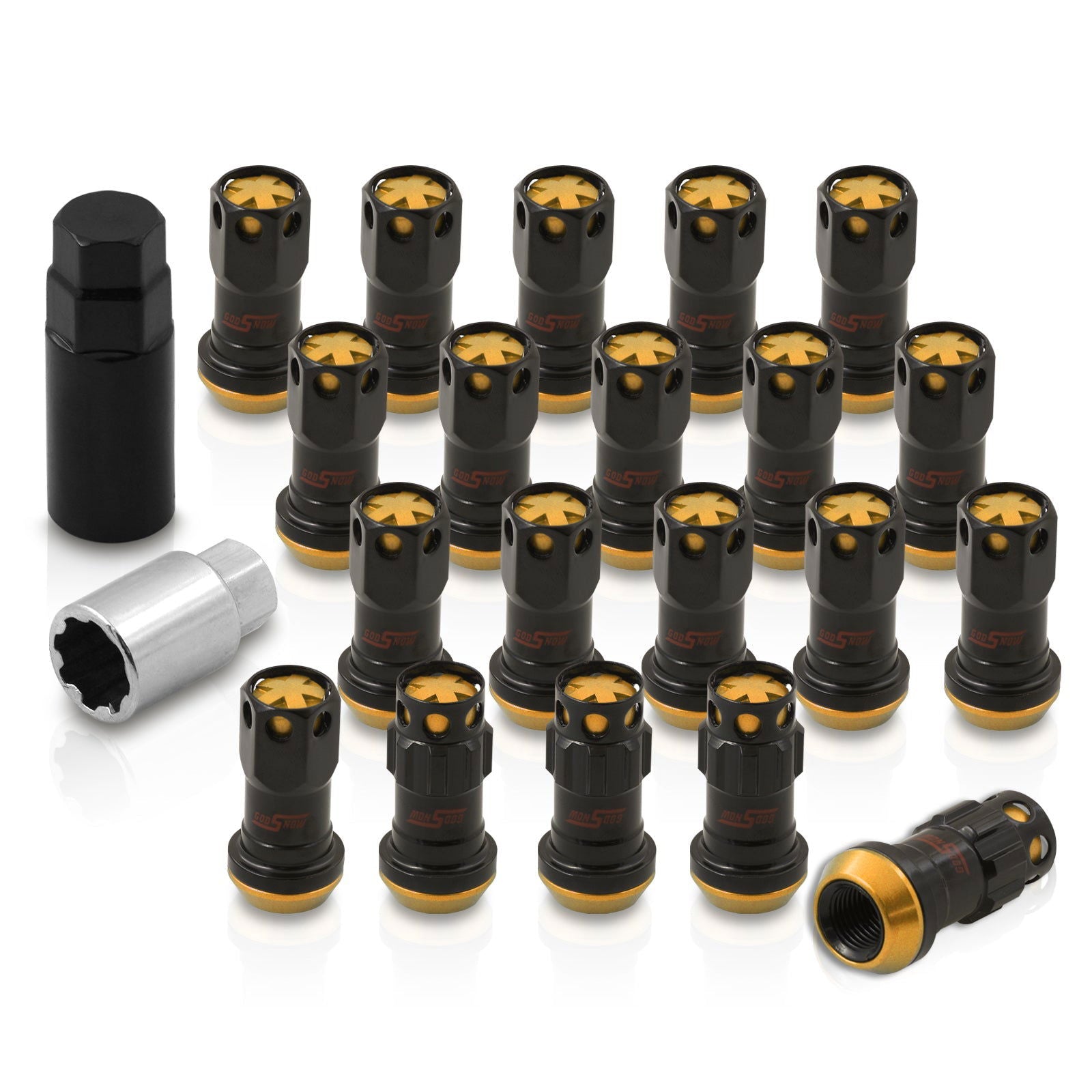 M12 x 1.25 Steel Body Lug Nuts Black Body Gold Cap (20 Piece) - Parts Agent