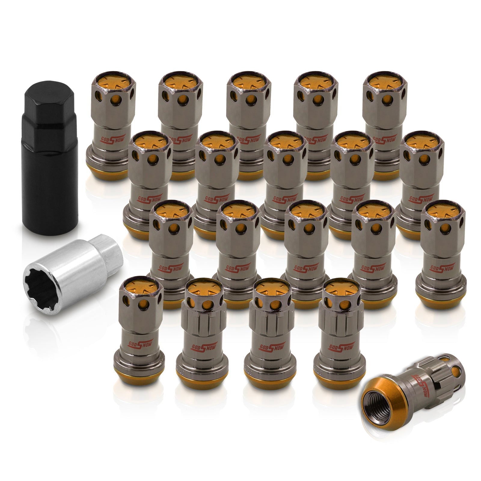 M12 x 1.25 Steel Body Lug Nuts Gunmetal Body Gold Cap (20 Piece) - Parts Agent