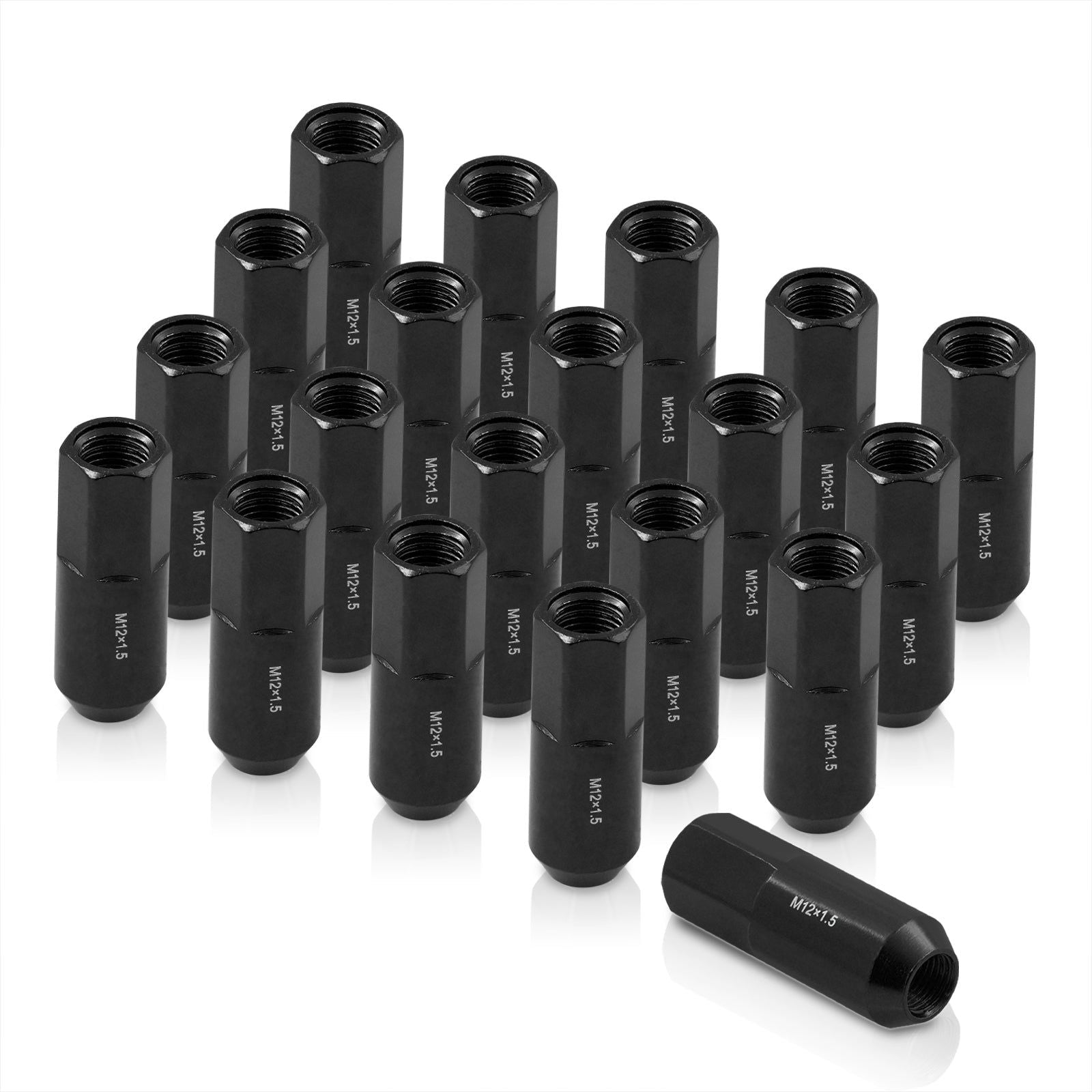 M12 x 1.5 Heavy Duty Steel Extended Open Lug Nuts Black (20 Piece) - Parts Agent