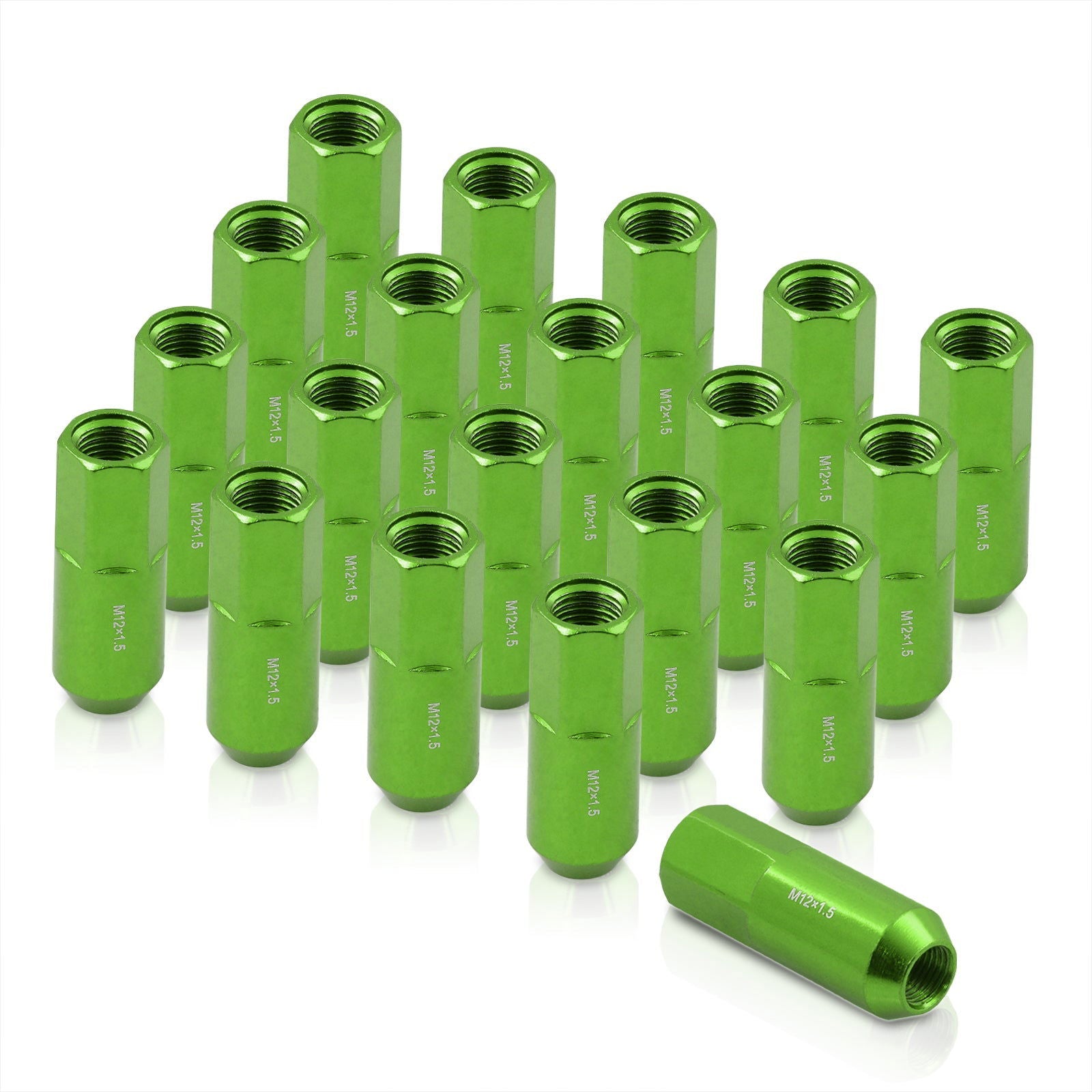 M12 x 1.5 Heavy Duty Steel Extended Open Lug Nuts Green (20 Piece) - Parts Agent