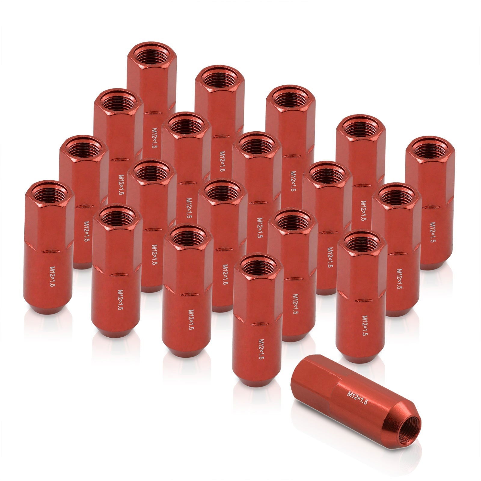 M12 x 1.5 Heavy Duty Steel Extended Open Lug Nuts Red (20 Piece) - Parts Agent