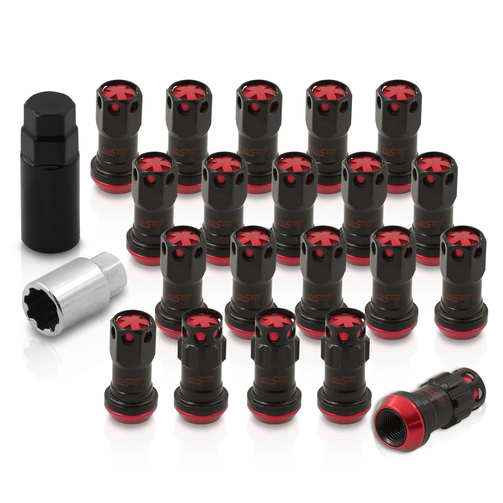 M12 x 1.5 Steel Body Lug Nuts Black Body Red Cap (20 Piece) - Parts Agent