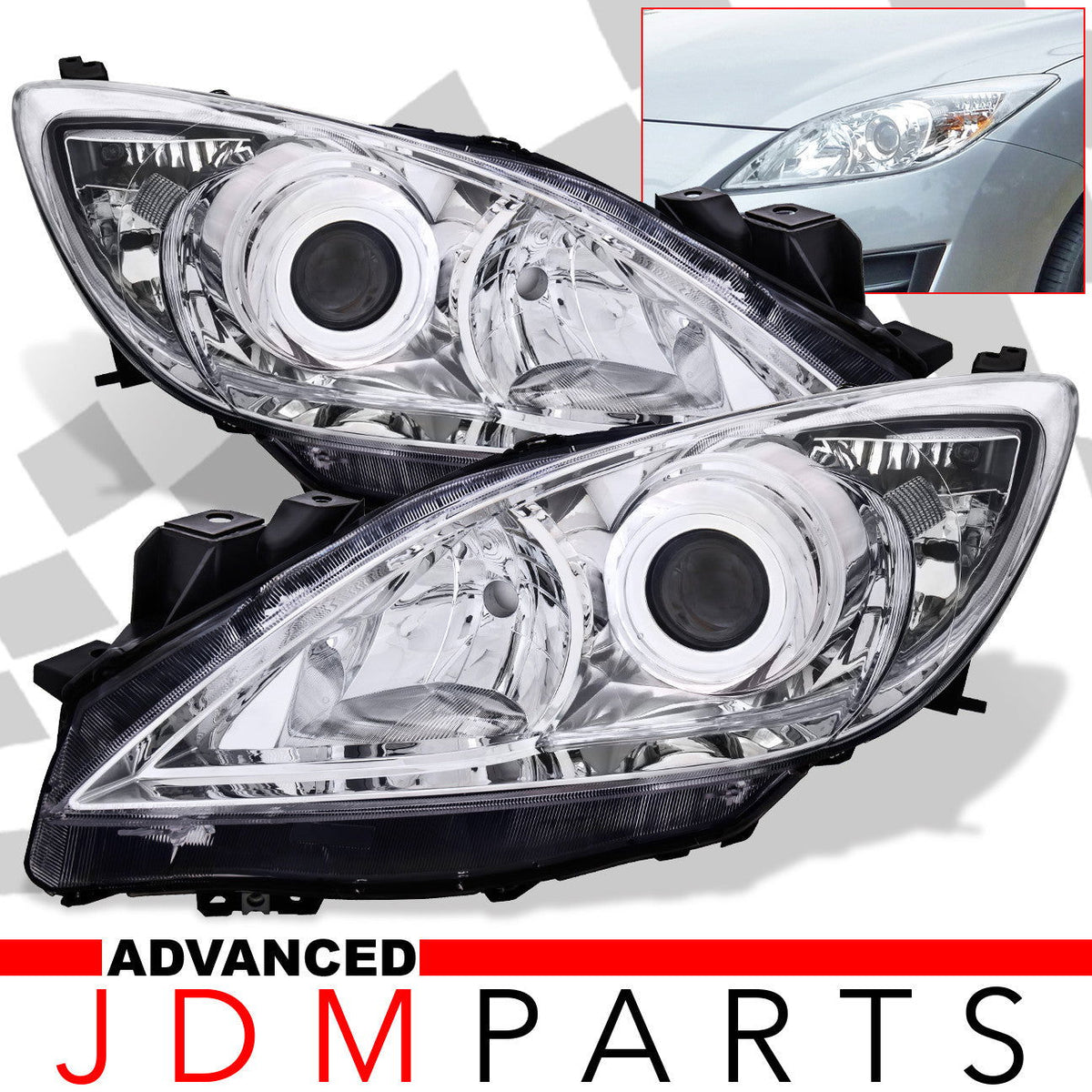 Mazda 3 2010-2013 Factory Style Projector Headlights Chrome Housing Clear Len Clear Reflector (Halogen Models Only) - Parts Agent