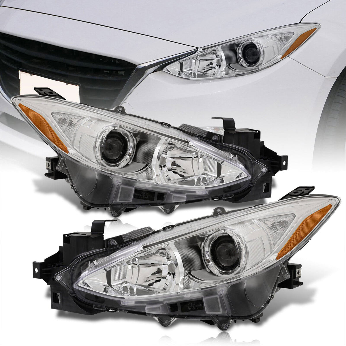 Mazda 3 2014-2016 Factory Style Projector Headlights Chrome Housing Clear Len Amber Reflectors (Halogen Models Only) - Parts Agent