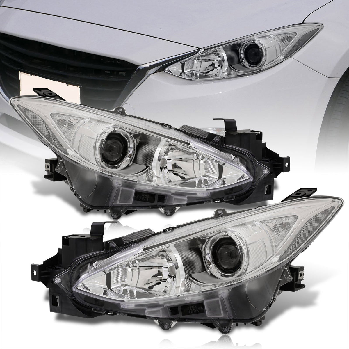 Mazda 3 2014-2016 Factory Style Projector Headlights Chrome Housing Clear Len Clear Reflectors (Halogen Models Only) - Parts Agent