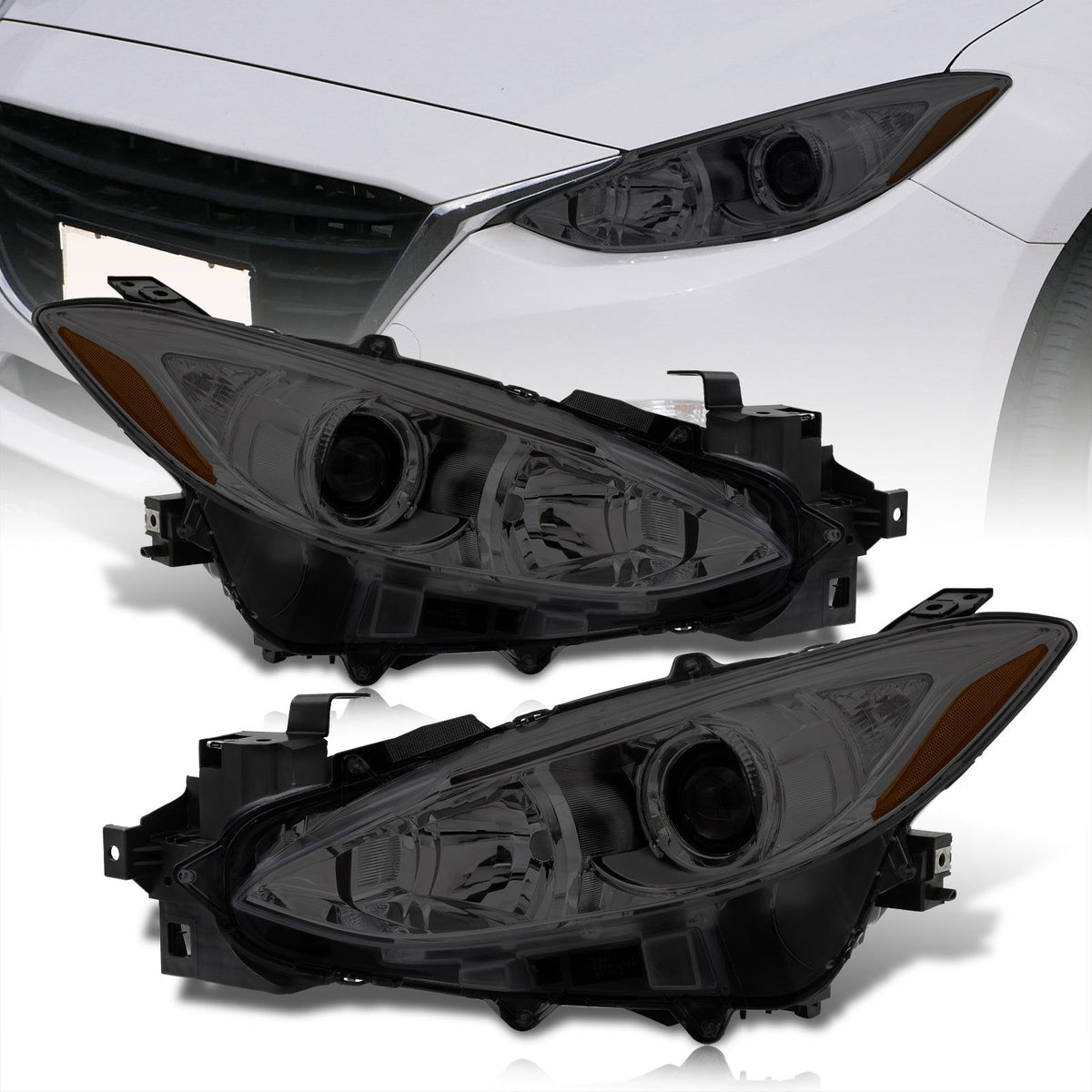 Mazda 3 2014-2016 Factory Style Projector Headlights Chrome Housing Smoke Len Amber Reflectors (Halogen Models Only) - Parts Agent