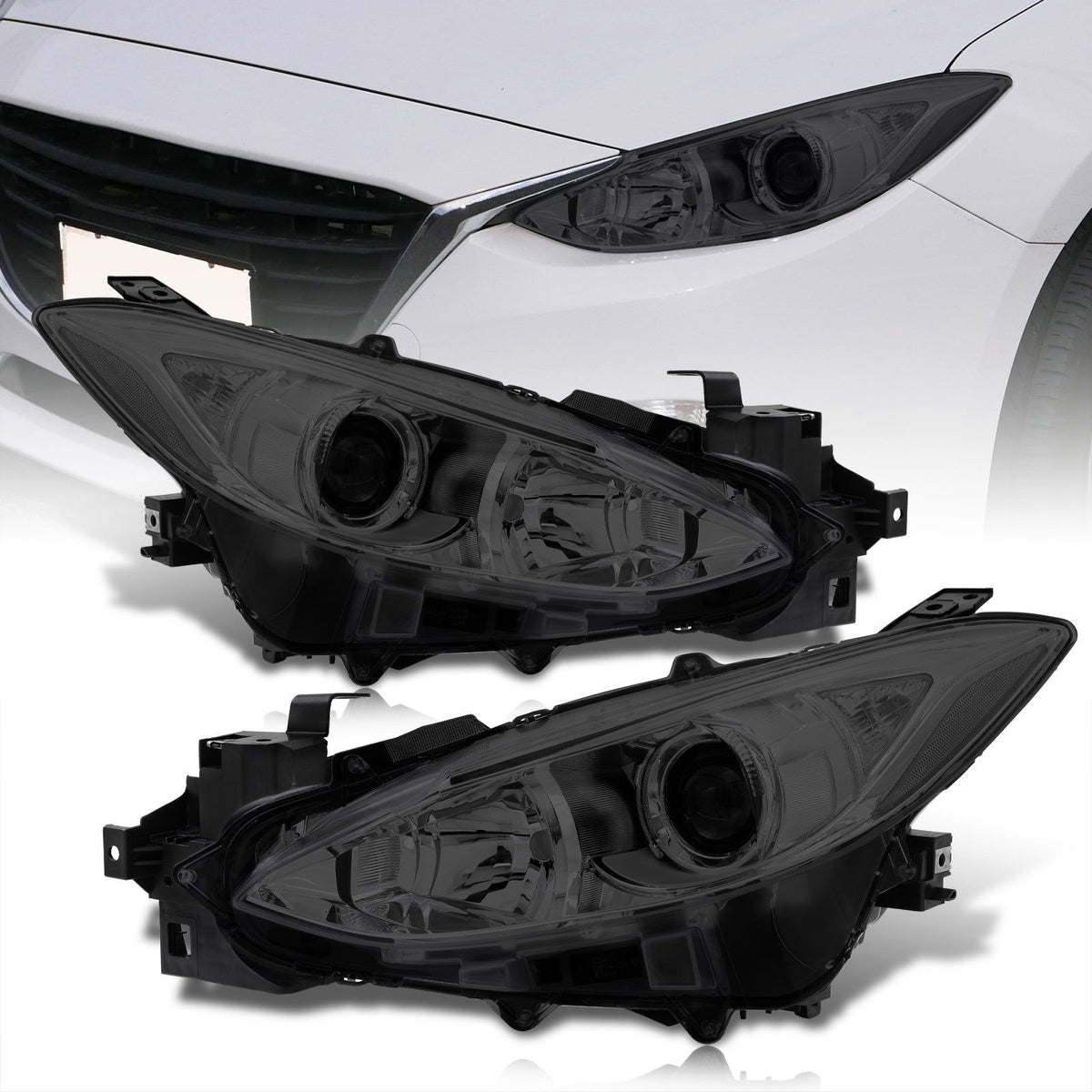 Mazda 3 2014-2016 Factory Style Projector Headlights Chrome Housing Smoke Len Clear Reflectors (Halogen Models Only) - Parts Agent
