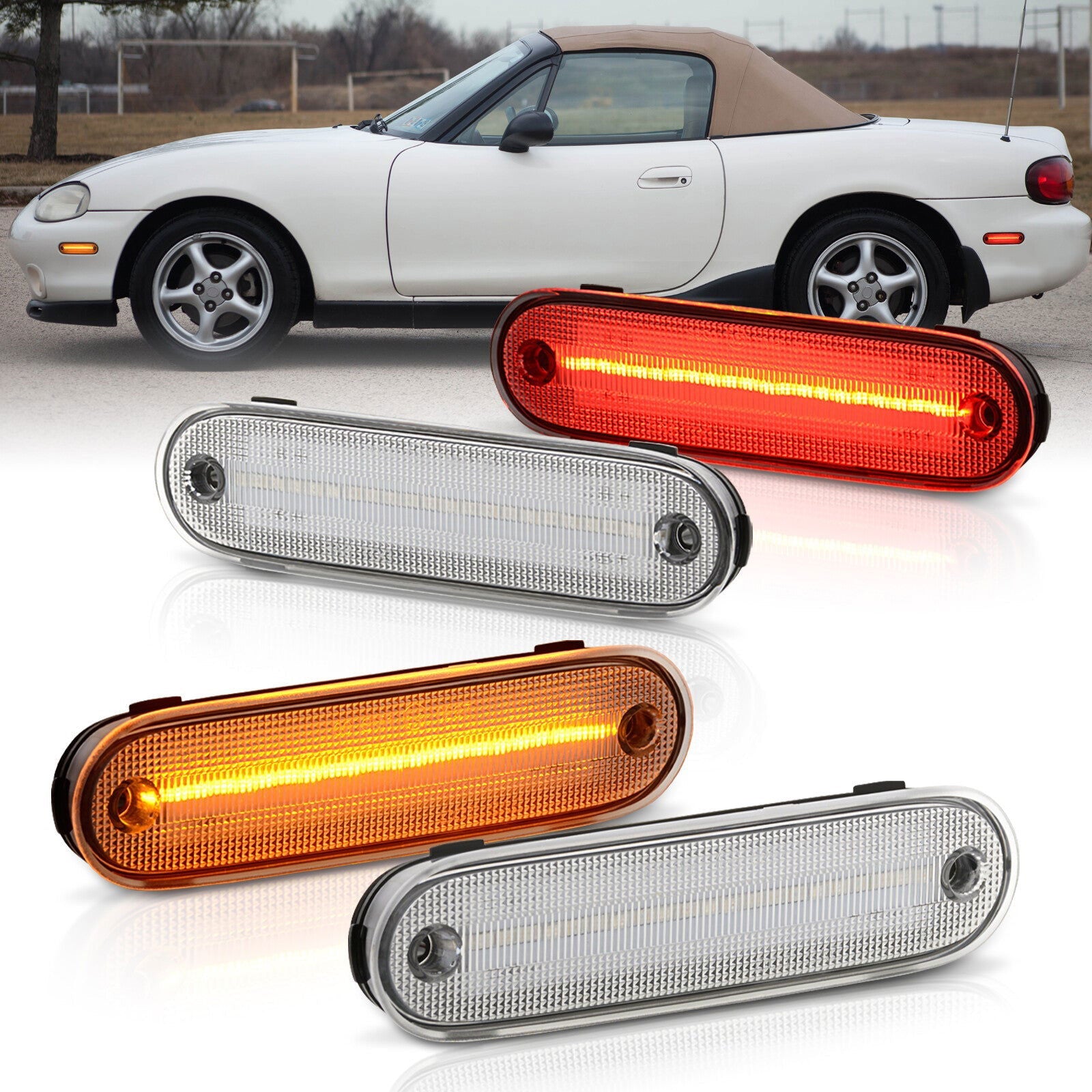 Mazda Miata MX-5 1990-2005 4 Piece Front Amber & Rear Red LED Side Marker Lights Clear Len - Parts Agent