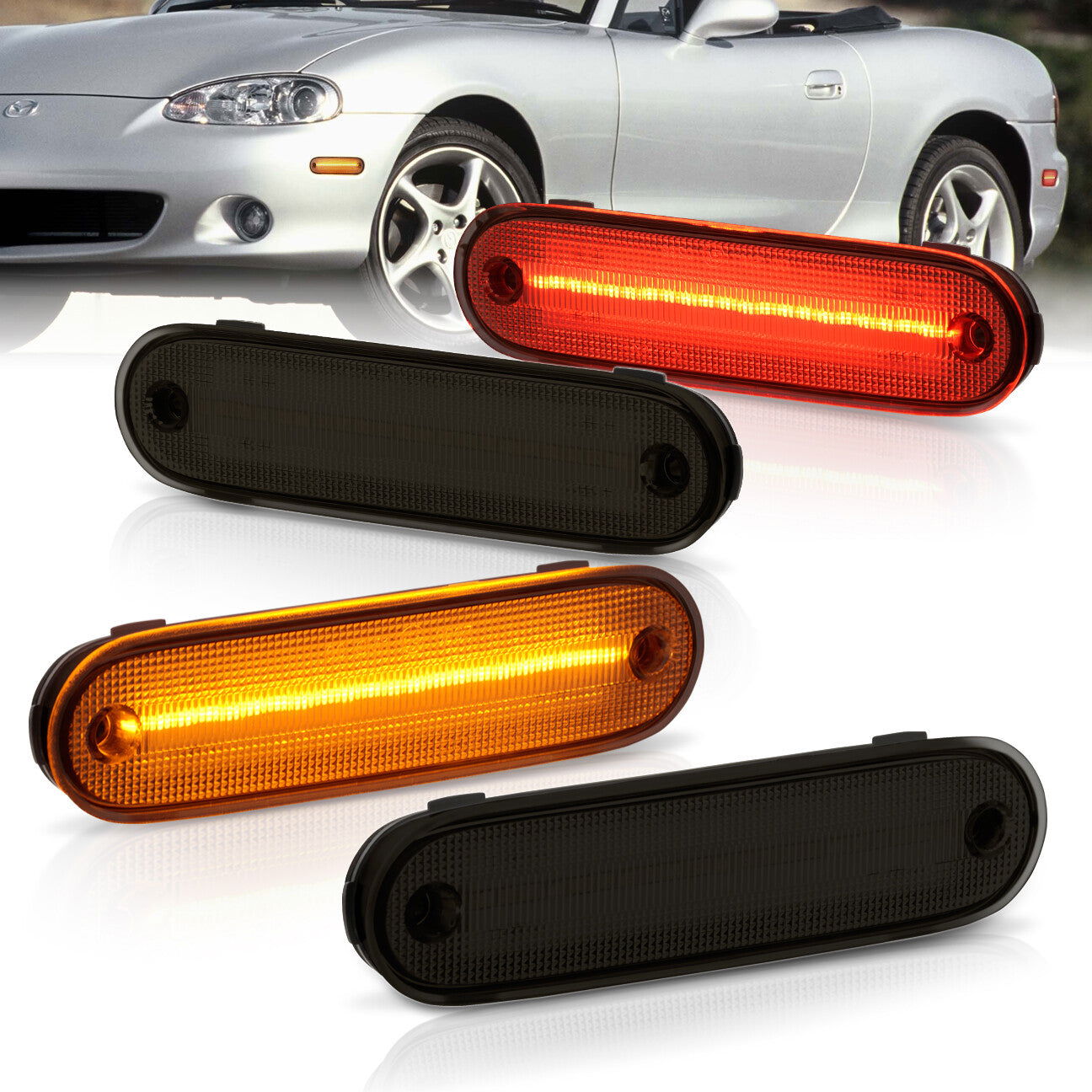 Mazda Miata MX-5 1990-2005 4 Piece Front Amber & Rear Red LED Side Marker Lights Smoke Len - Parts Agent
