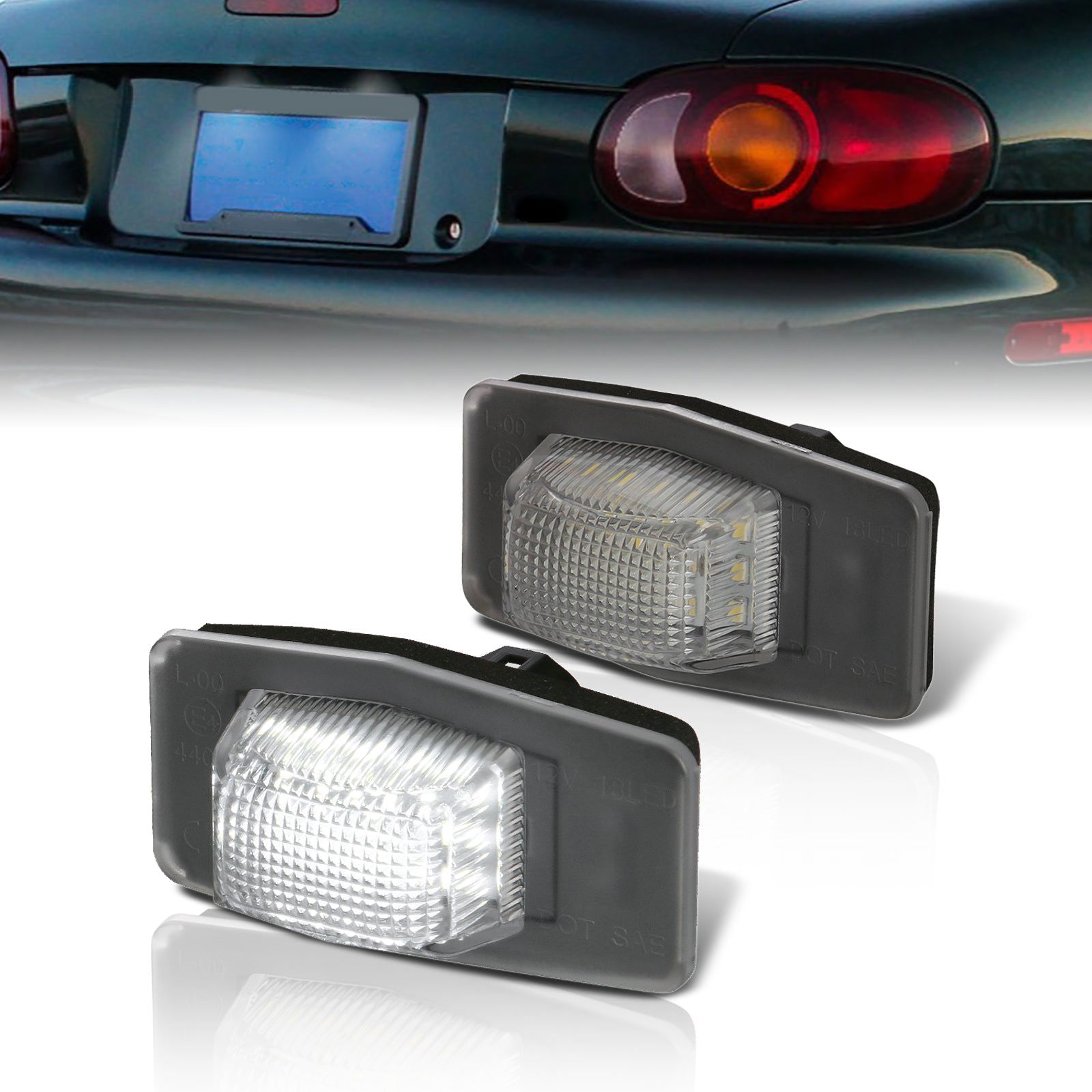 Mazda Miata MX-5 1998-2005 / Protege 1999-2003 / MPV 2000-2006 / Tribute 2001-2006 White SMD LED License Plate Lights Clear Len - Parts Agent