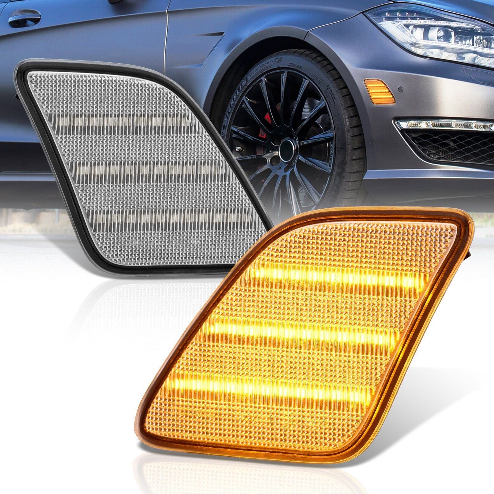 Mercedes Benz CLS63 AMG W218 2012-2014 / S-Class W221 2010-2013 Front Amber LED Side Marker Lights Clear Len - Parts Agent