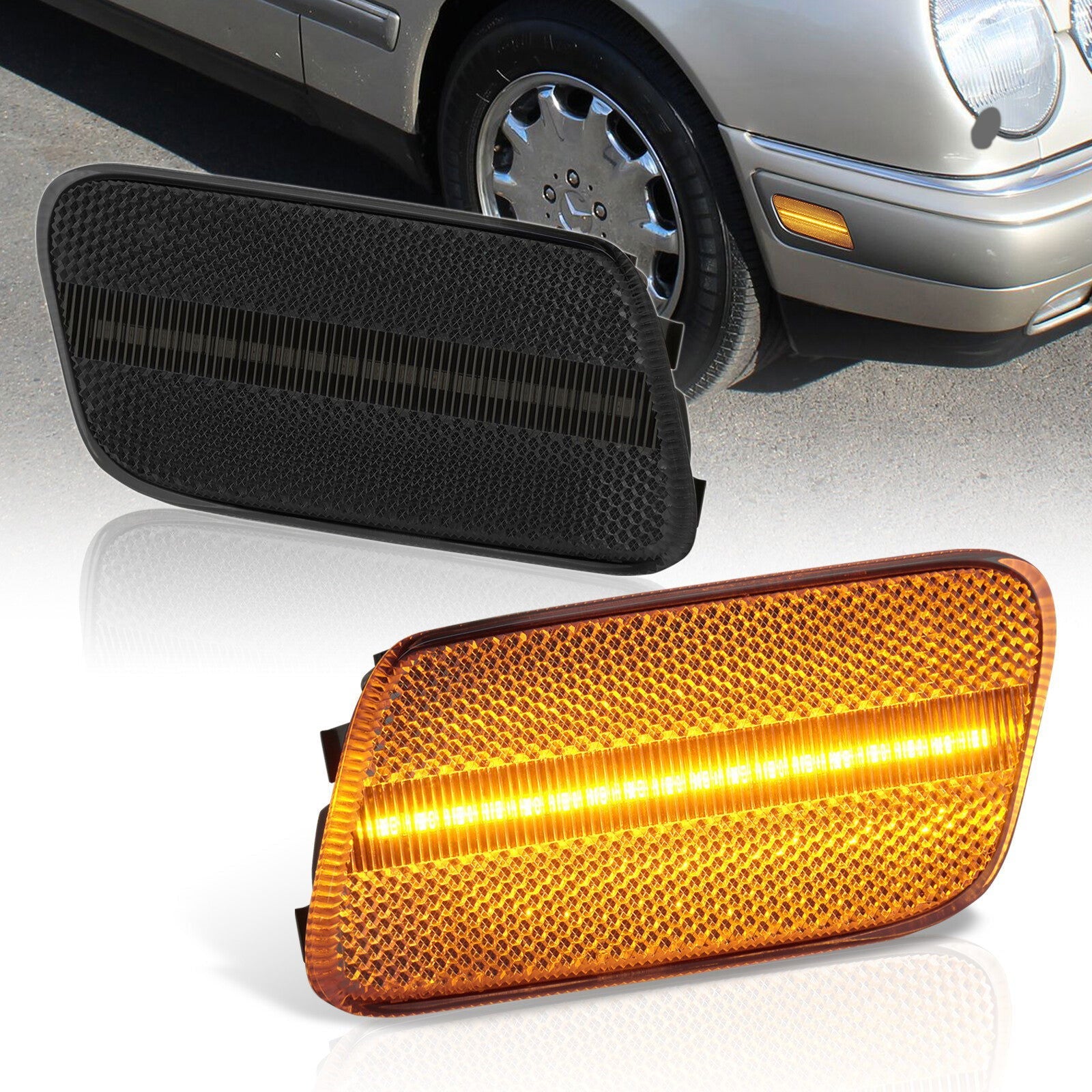 Mercedes Benz E-Class W210 E300D E300TD 1996-1999 / E320 1999-2003 / E430 1999-2003 / E55 AMG 1999-2003 Front Amber LED Side Marker Lights Smoke Len - Parts Agent