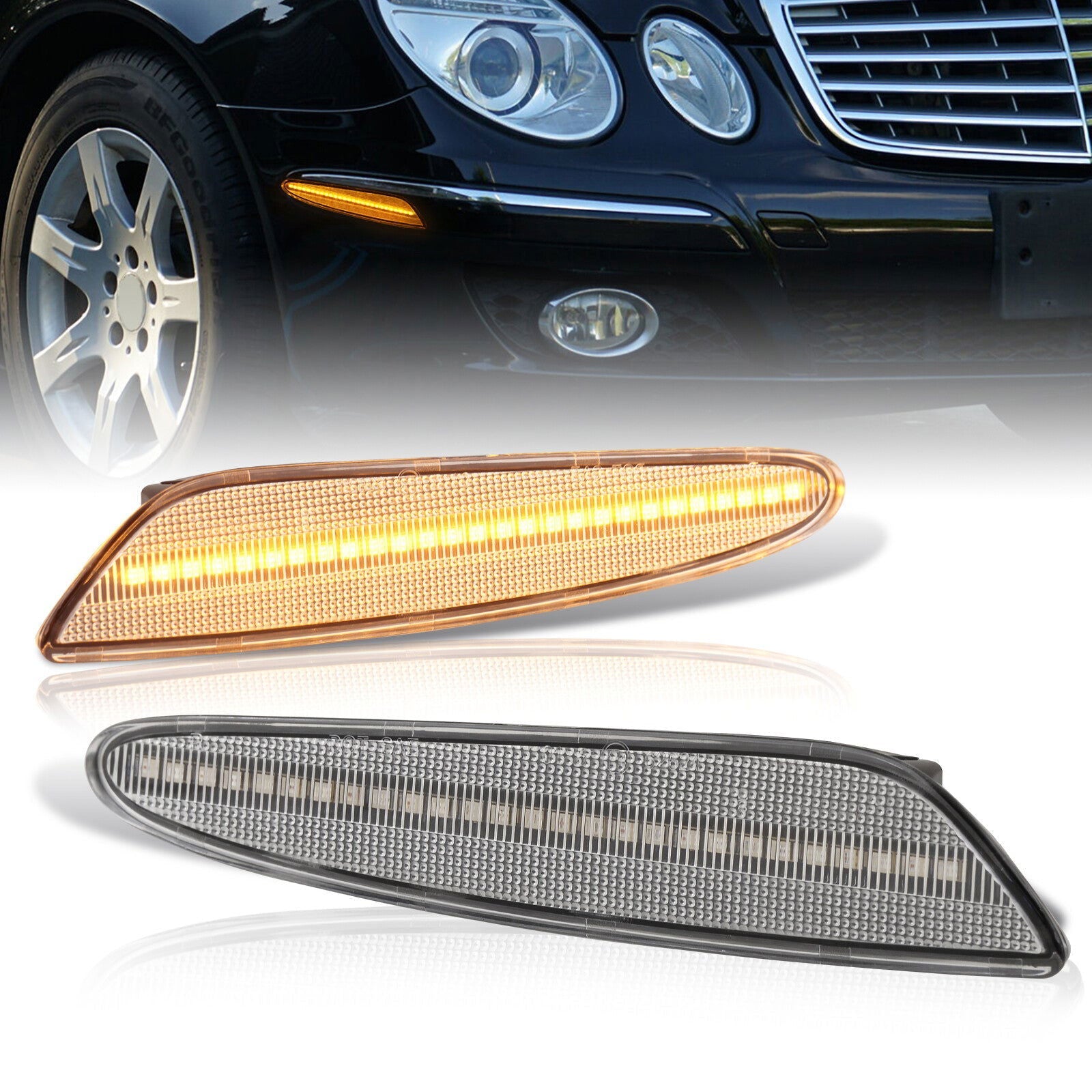 Mercedes Benz E-Class W211 E320 2003-2006 / E350 2006 / E500 2003-2006 / E55 AMG 2003-2006 Front Amber LED Side Marker Lights Clear Len - Parts Agent