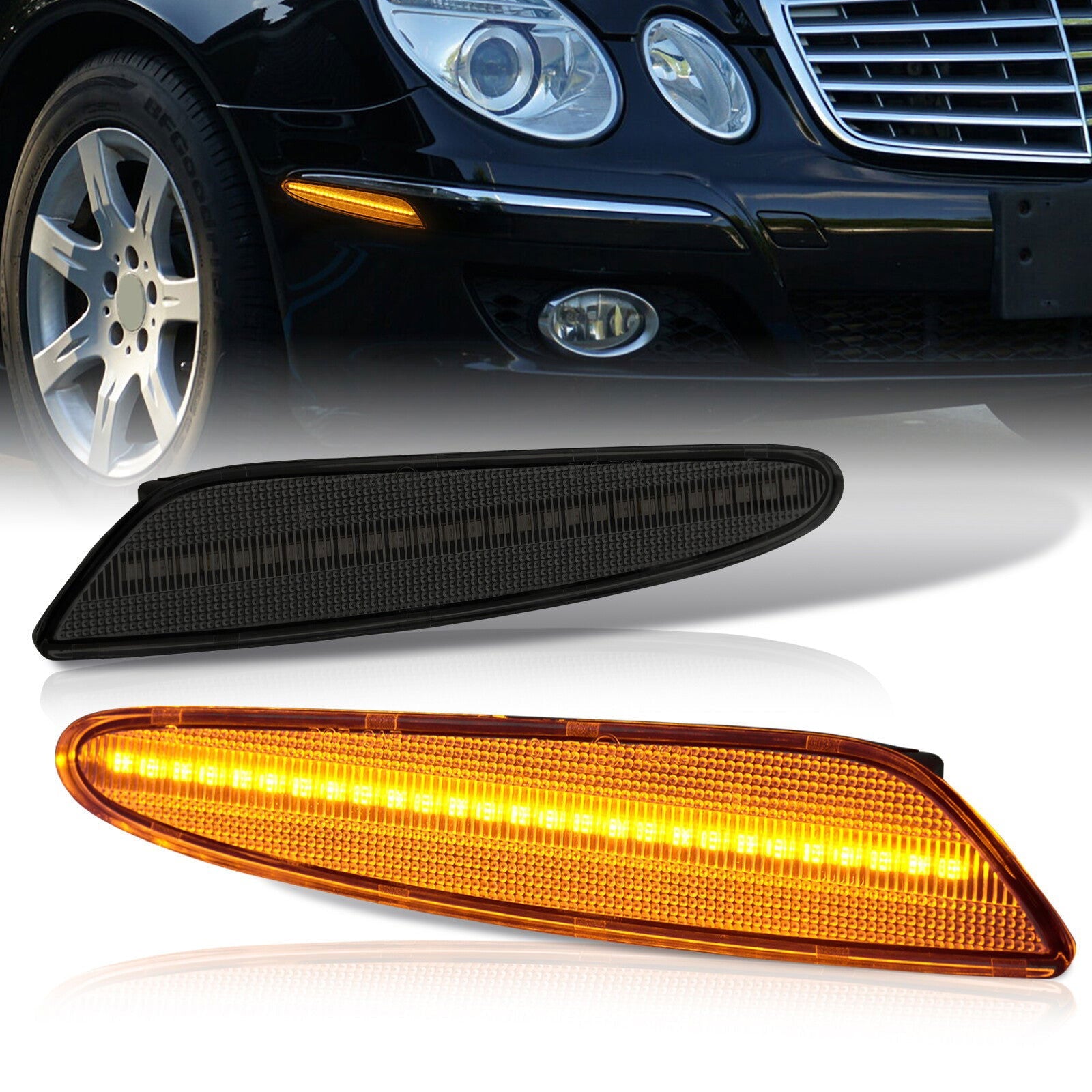 Mercedes Benz E-Class W211 E320 2003-2006 / E350 2006 / E500 2003-2006 / E55 AMG 2003-2006 Front Amber LED Side Marker Lights Smoke Len - Parts Agent