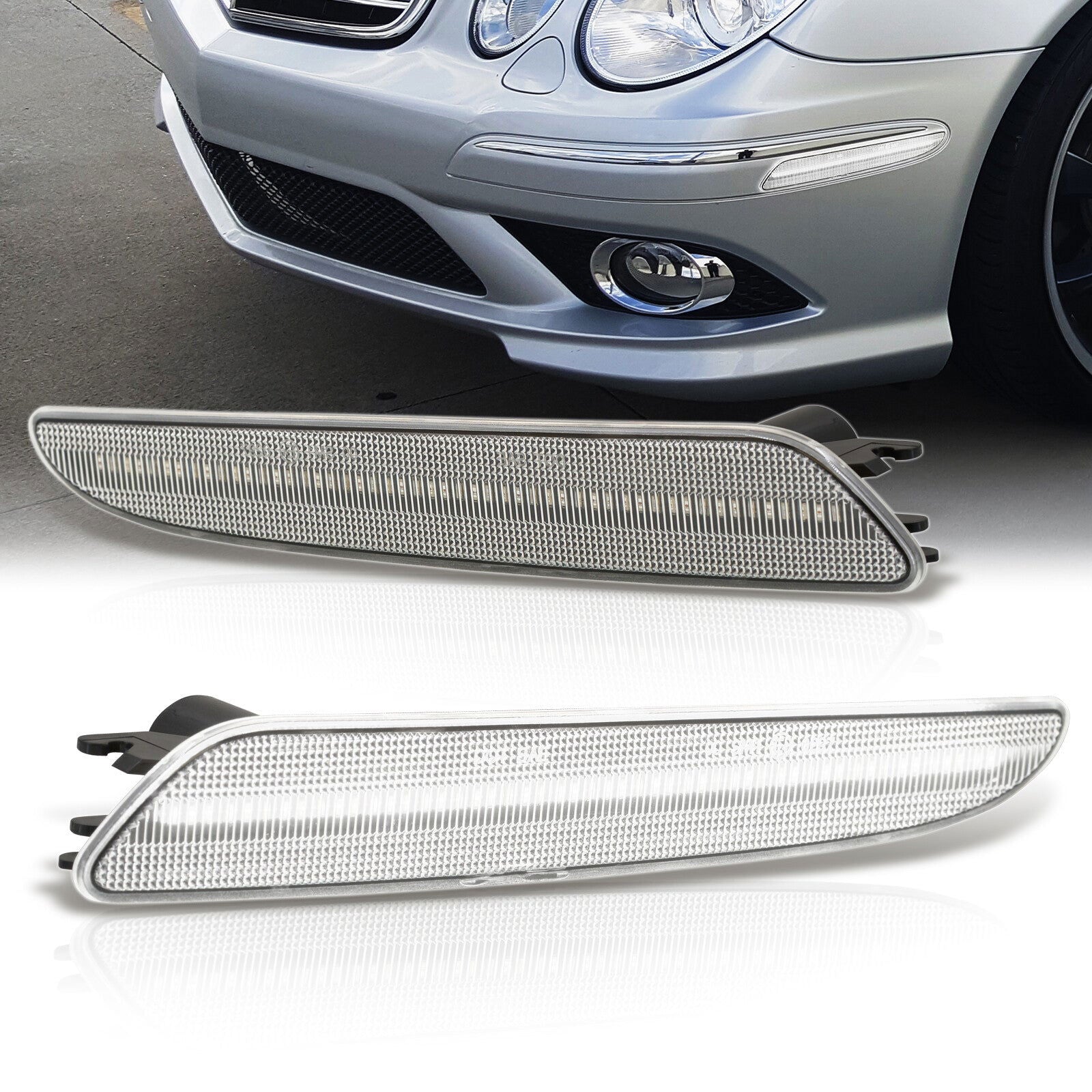 Mercedes Benz E-Class W211 E320 E350 E550 E63 AMG 2007-2009 Front White LED Side Marker Lights Clear Len - Parts Agent