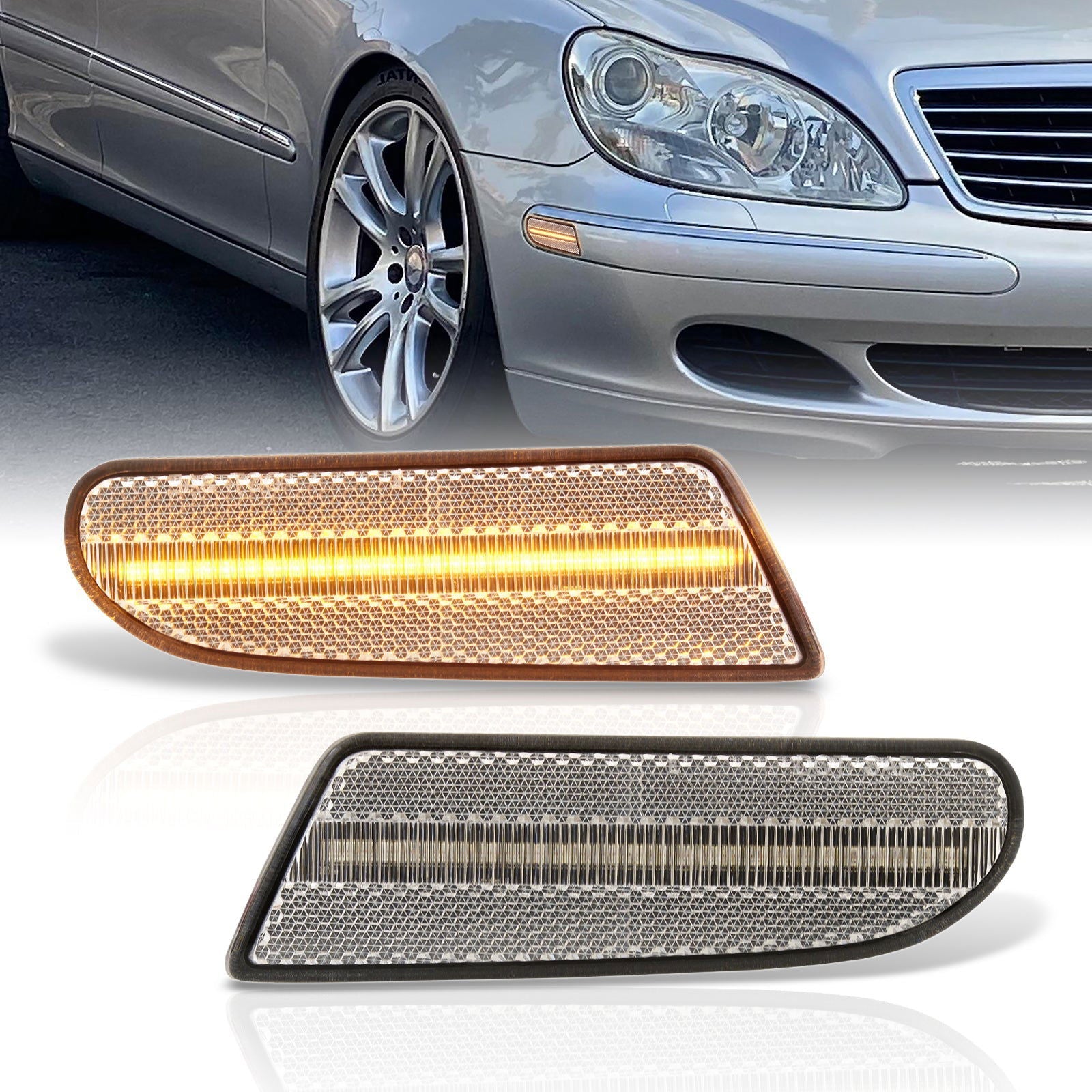 Mercedes Benz S-Class W220 2000-2006 Front Amber LED Side Marker Lights Clear Len - Parts Agent