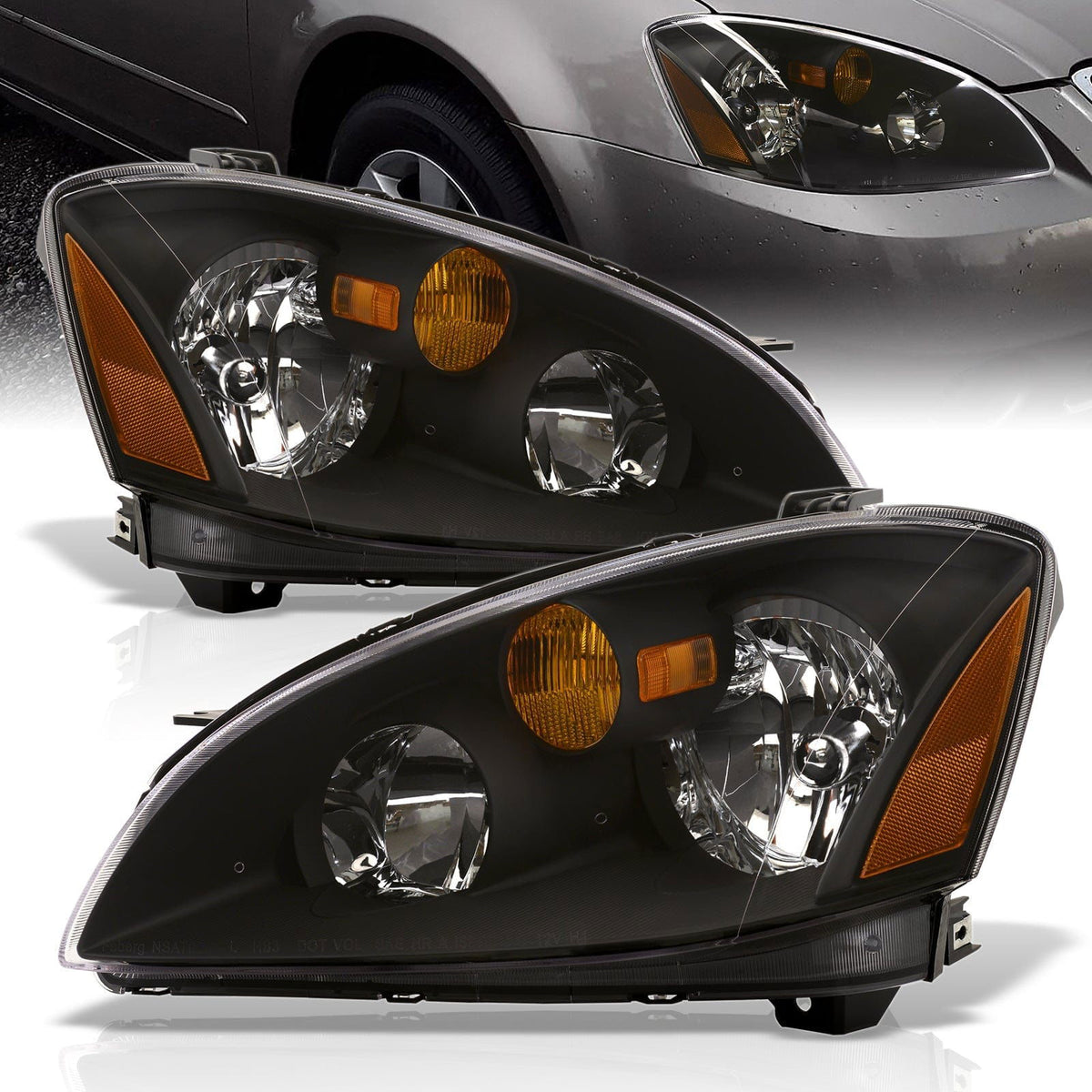 Nissan Altima 2002-2004 Factory Style Headlights Black Housing Clear Len Amber Reflector (Halogen Models Only) - Parts Agent
